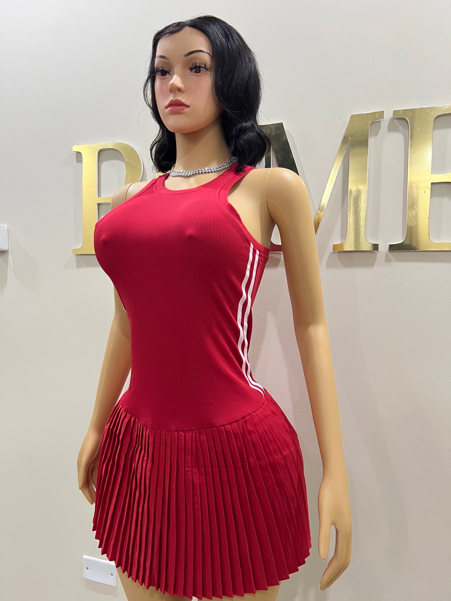 Tennis Pleated Stripe Dress (Red)