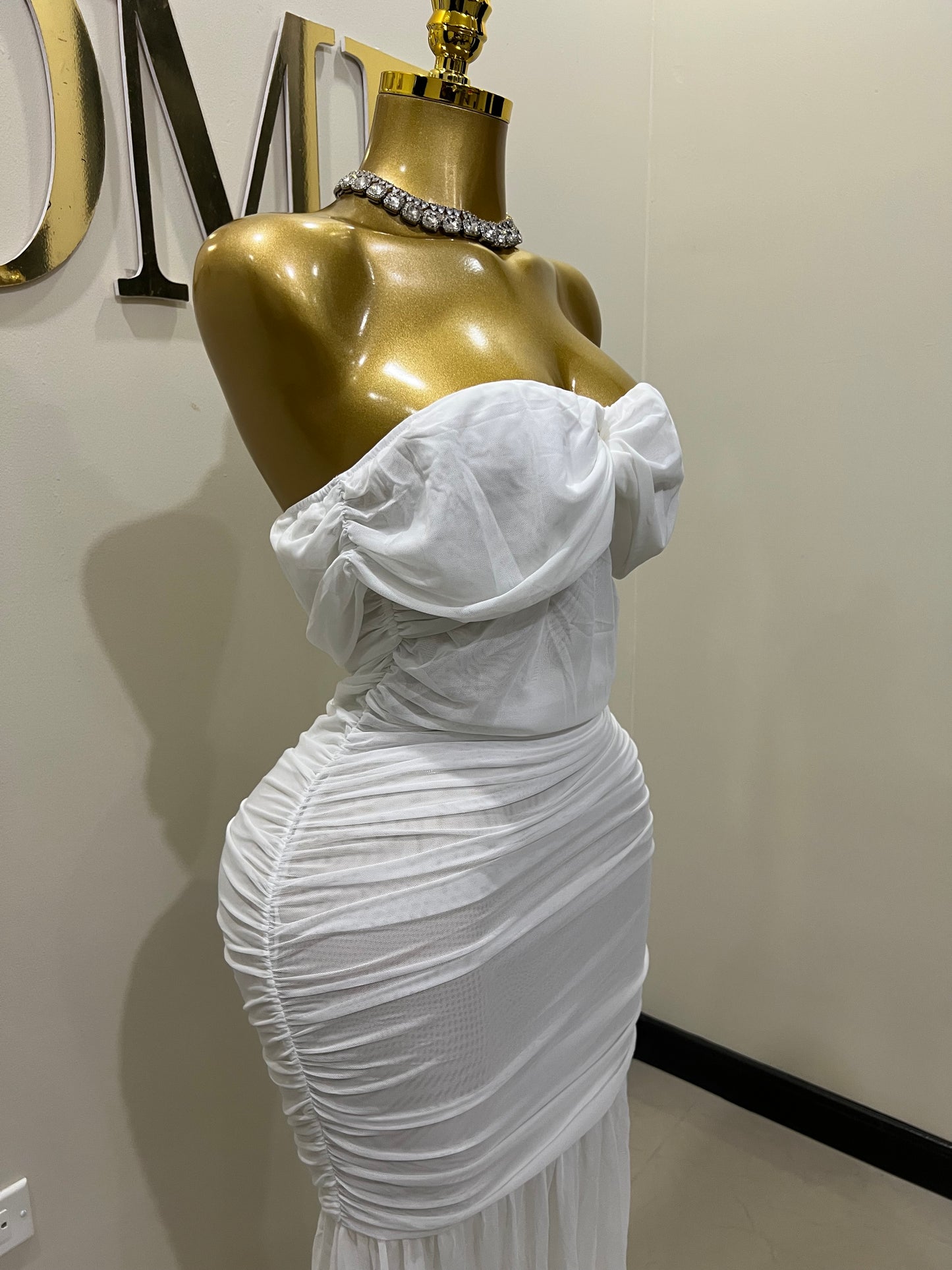 Sophie Off Shoulder Mesh Dress (White)
