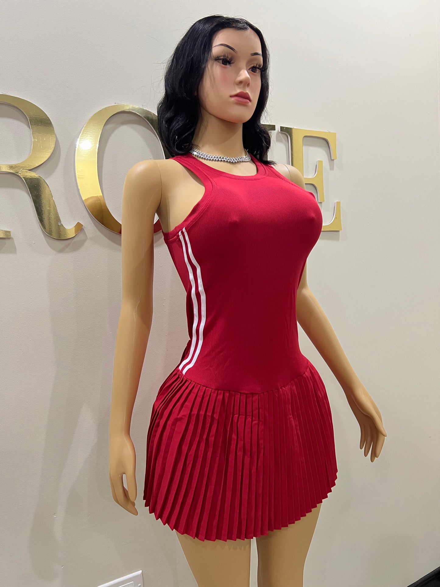 Tennis Pleated Stripe Dress (Red)