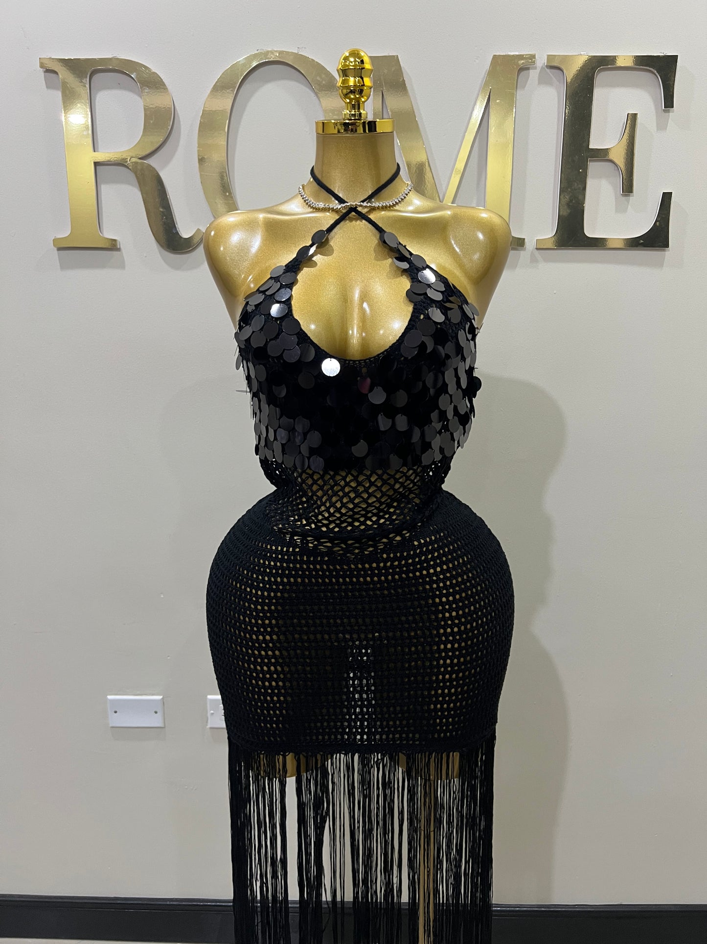 Destiny Sequin Crochet Fringe Dress (Black)