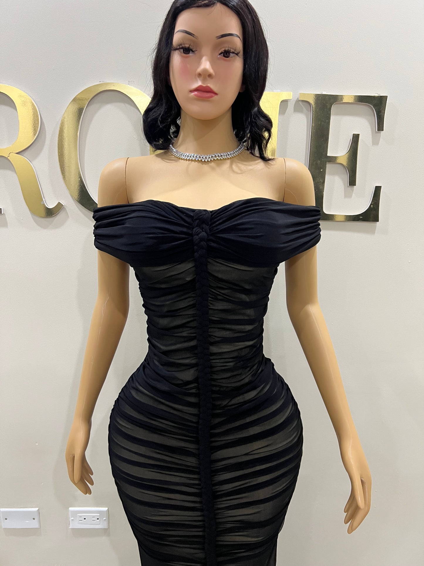 Sophie Off Shoulder Braided Dress (Black)