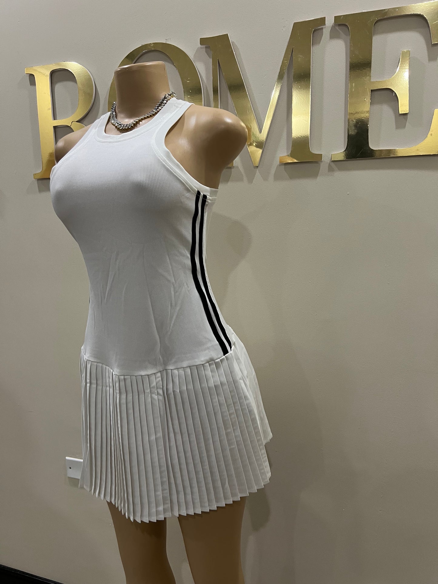 Tennis Pleated Stripe Dress (White)