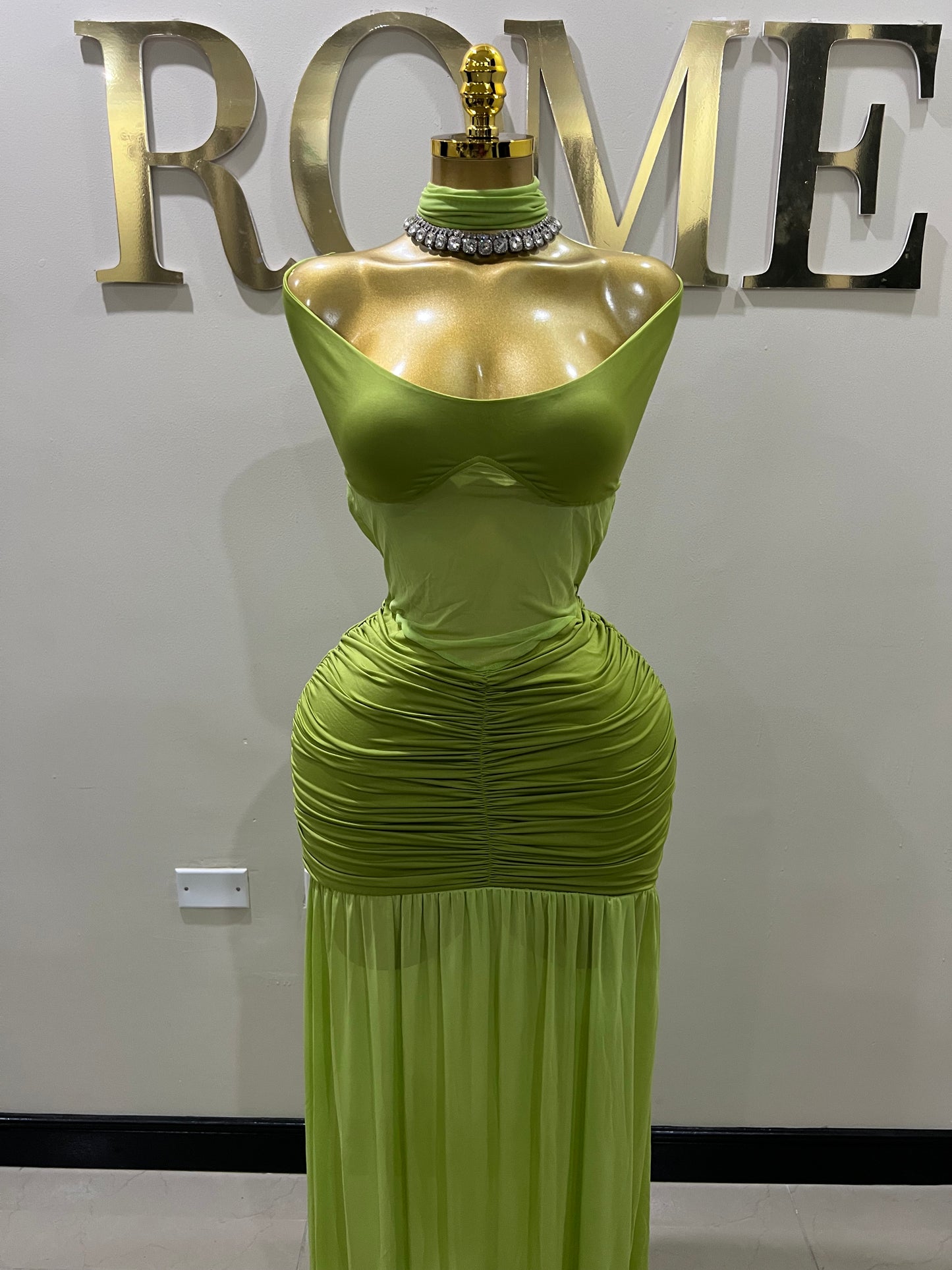 Off Shoulder Nara Split Dress with Scarf (Green)