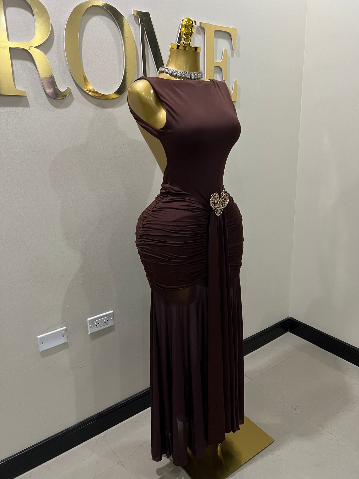 Nara Backless Petal Dress (Brown)