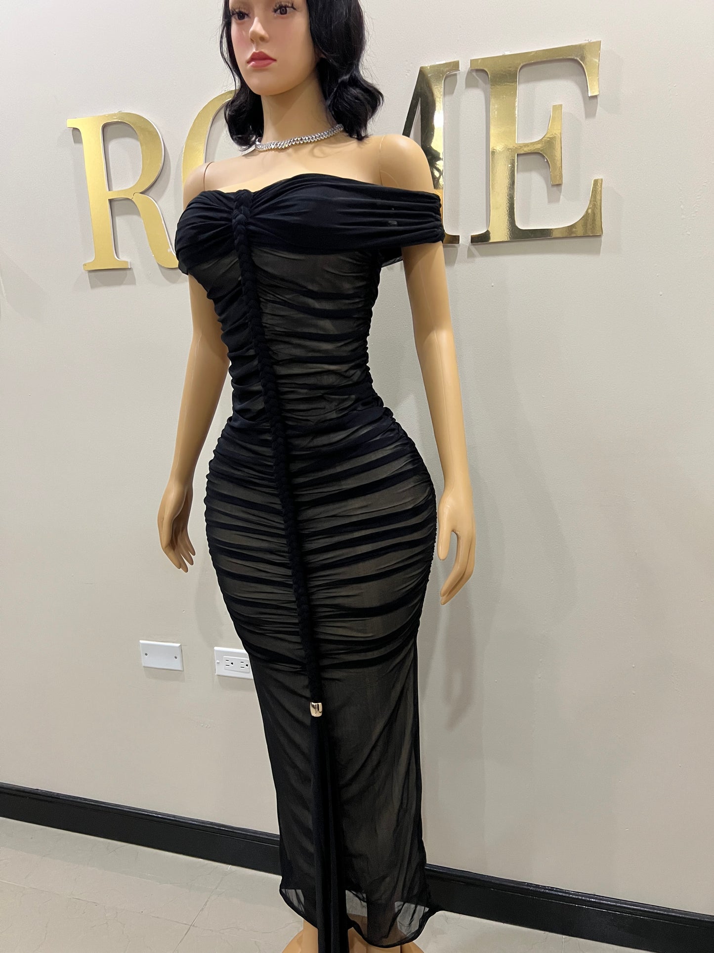 Sophie Off Shoulder Braided Dress (Black)