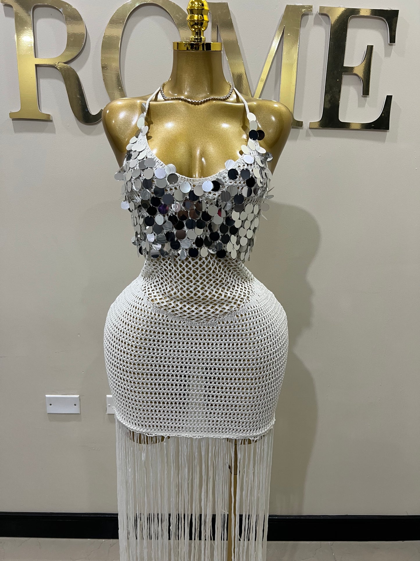 Destiny Sequin Crochet Fringe Dress (White)