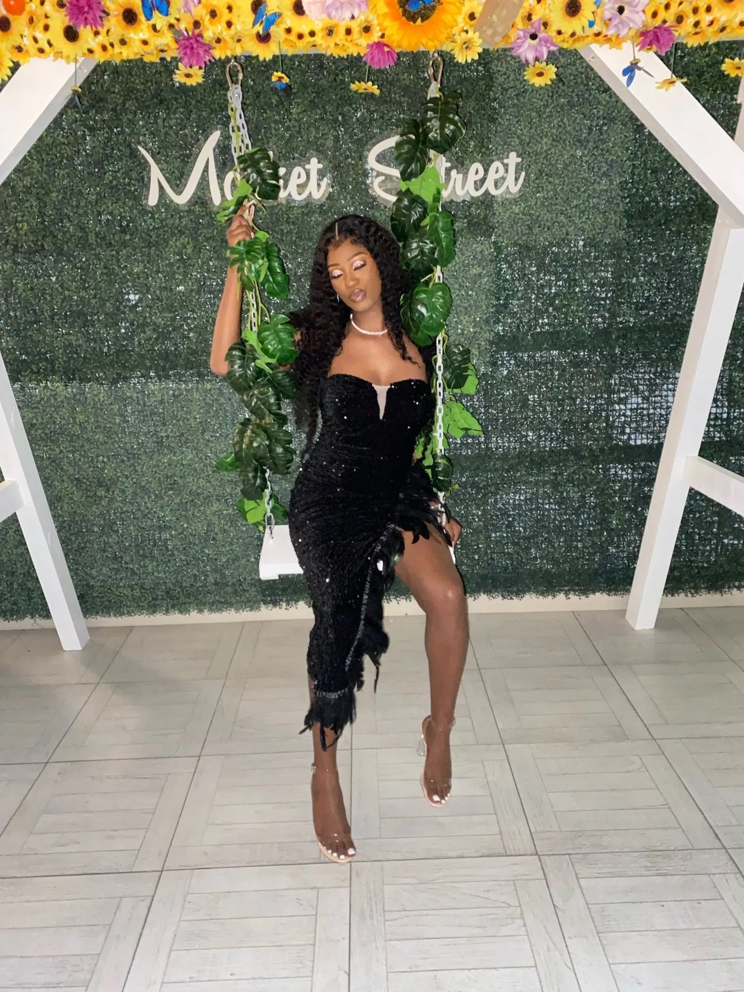 Octavia Iridescent Feather Dress (Black)