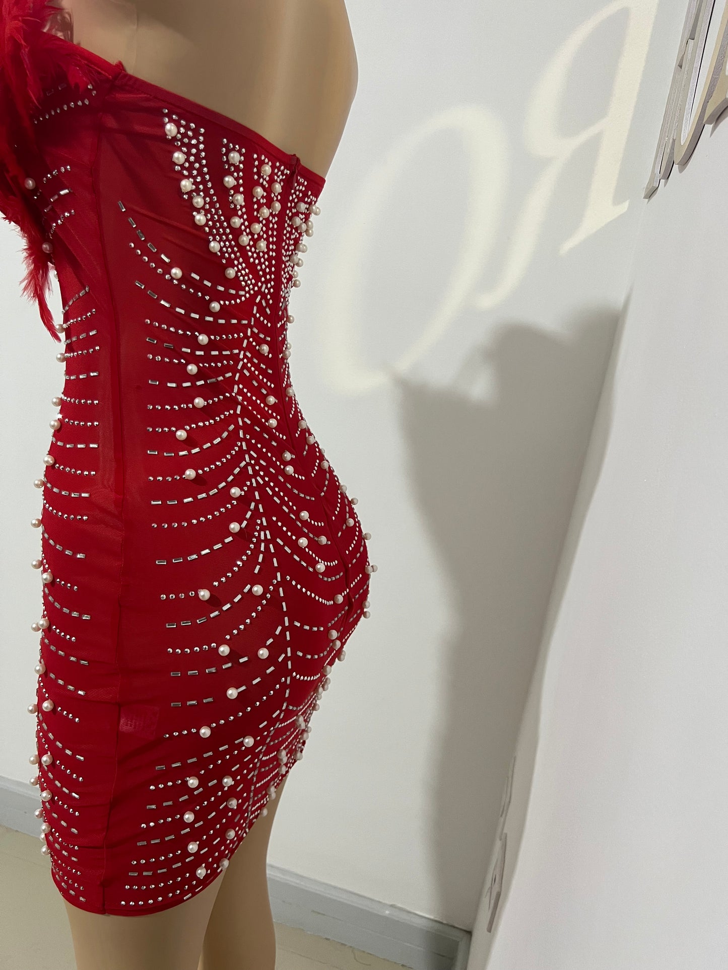 Elle Feather Crystal Dress (Red)