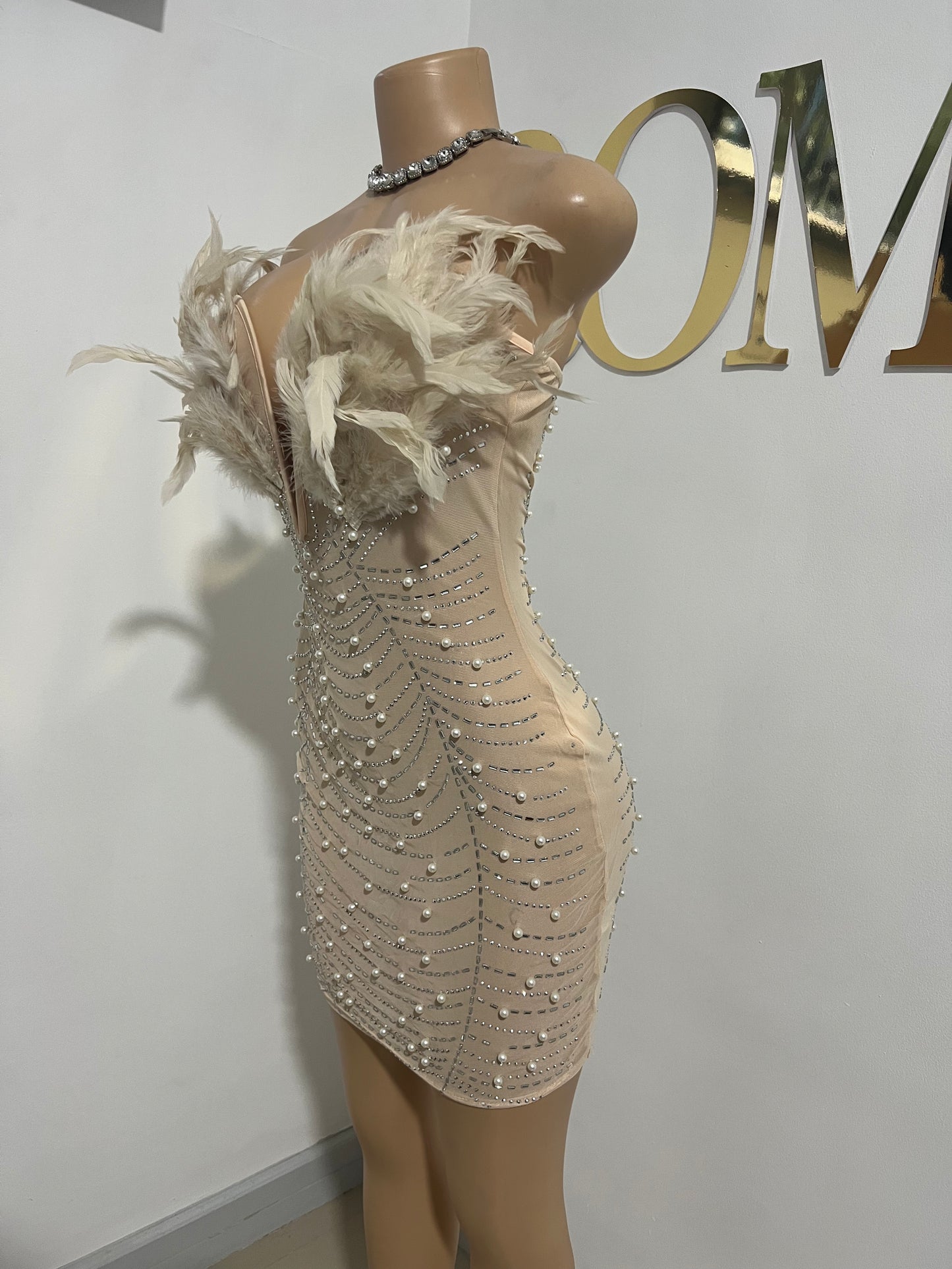 Elle Feather Crystal Dress (Nude)