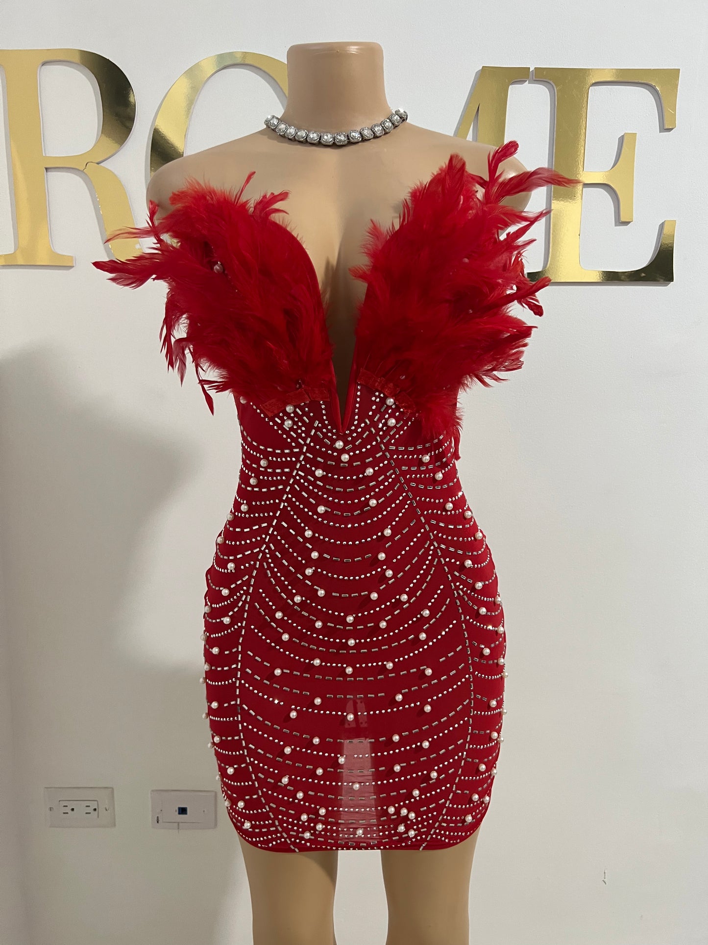 Elle Feather Crystal Dress (Red)