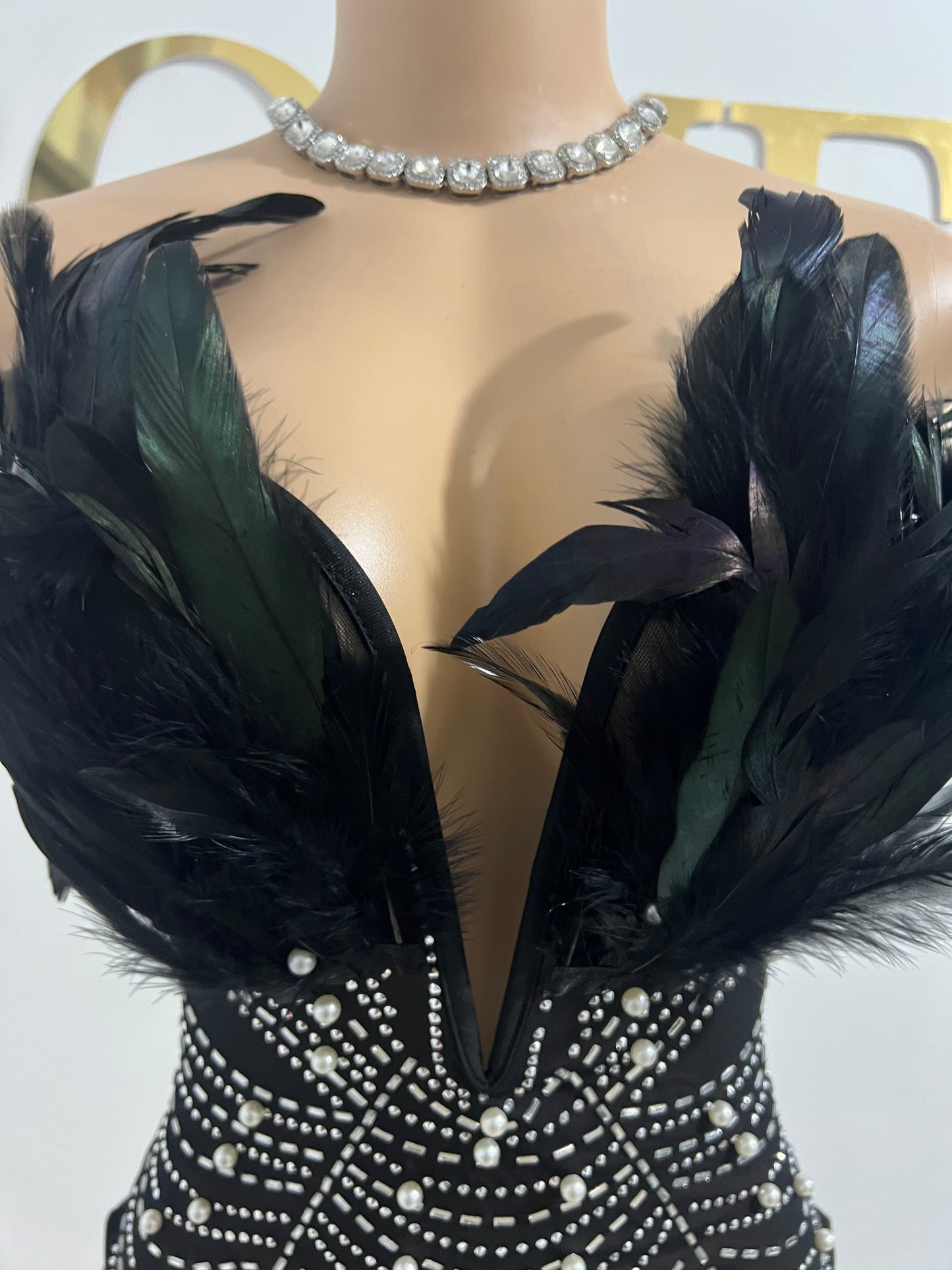 Elle Feather Crystal Dress (Black)