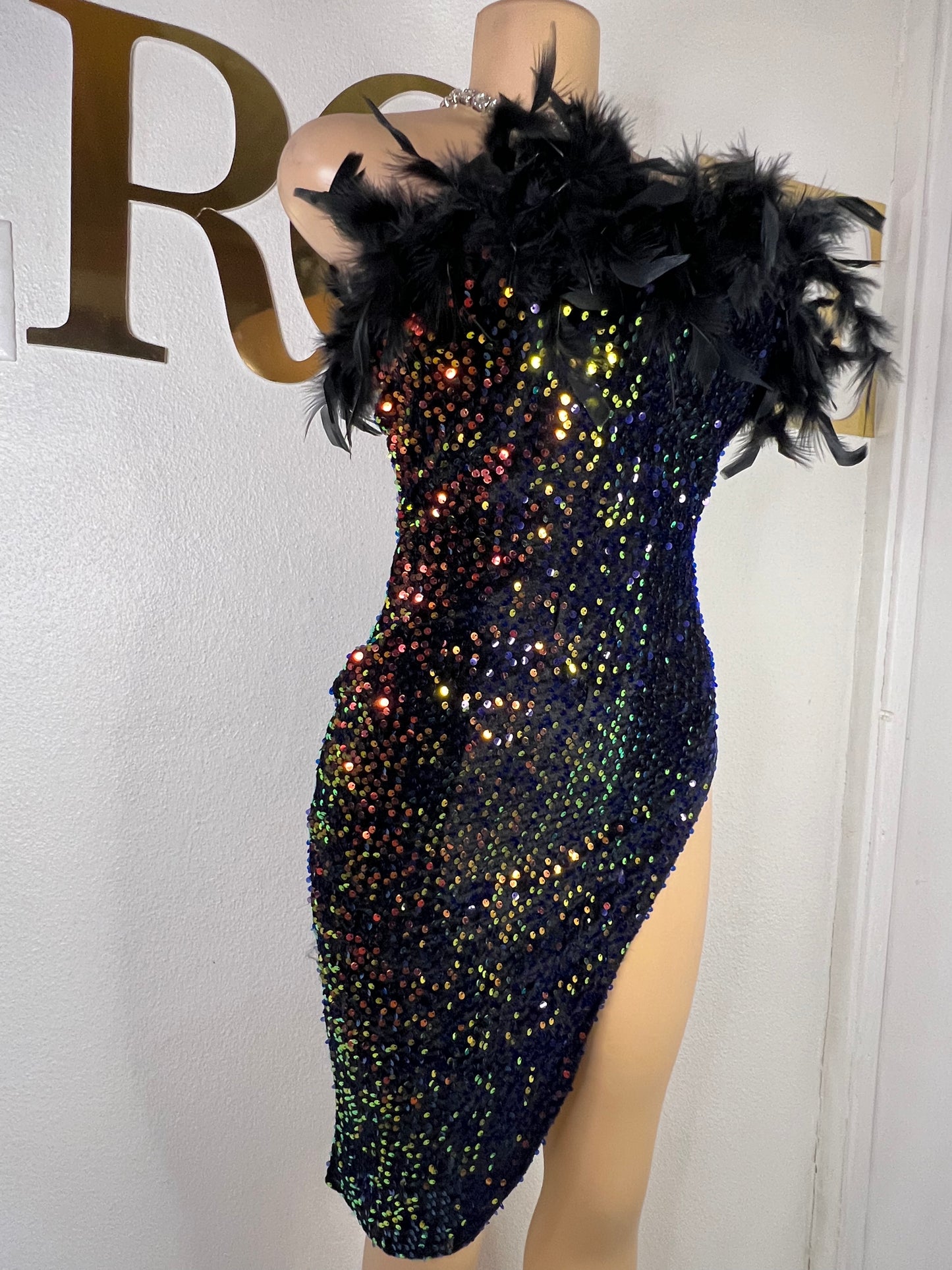 Kayla Feather Dress (Black)