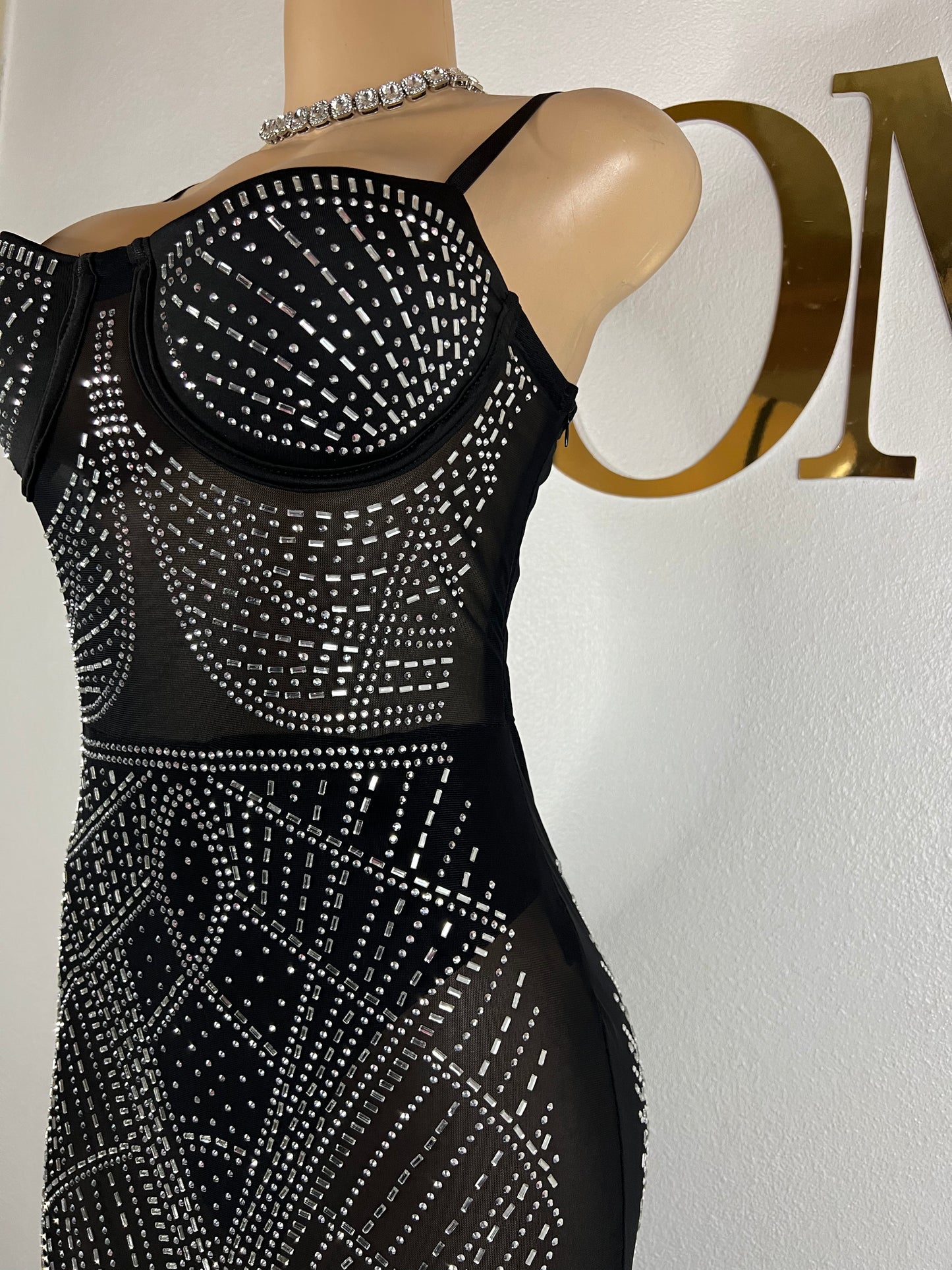 Hannah Crystal Mesh Dress (Black)