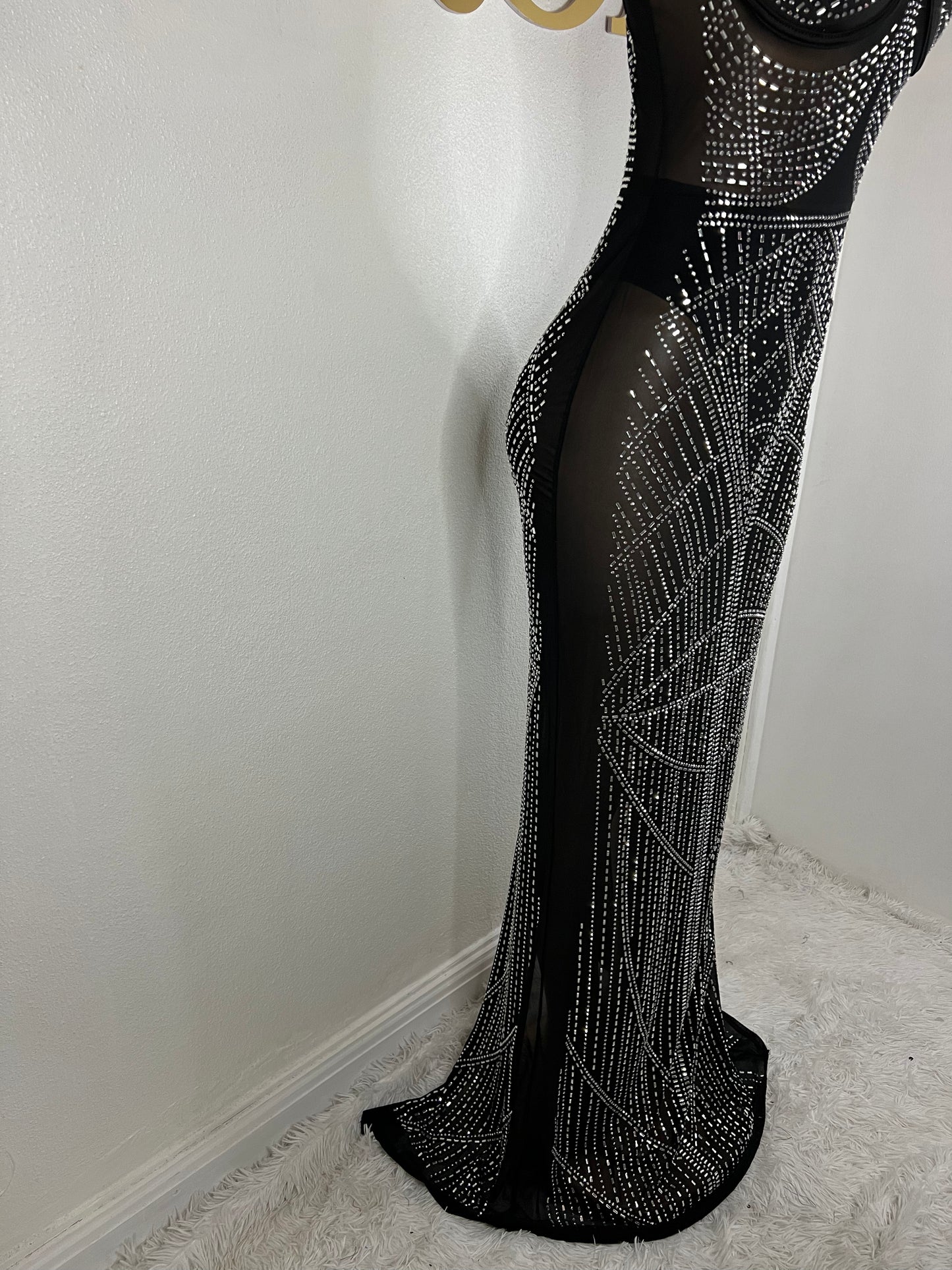 Hannah Crystal Mesh Dress (Black)