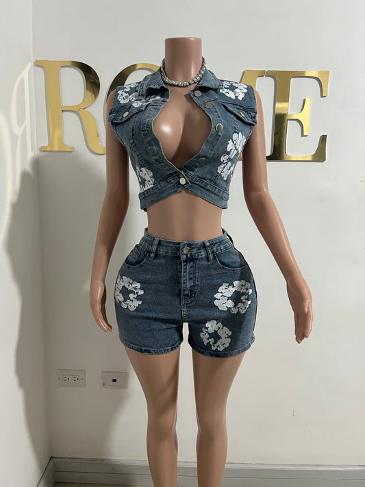 Hibiscus Denim Shorts Set (Blue)