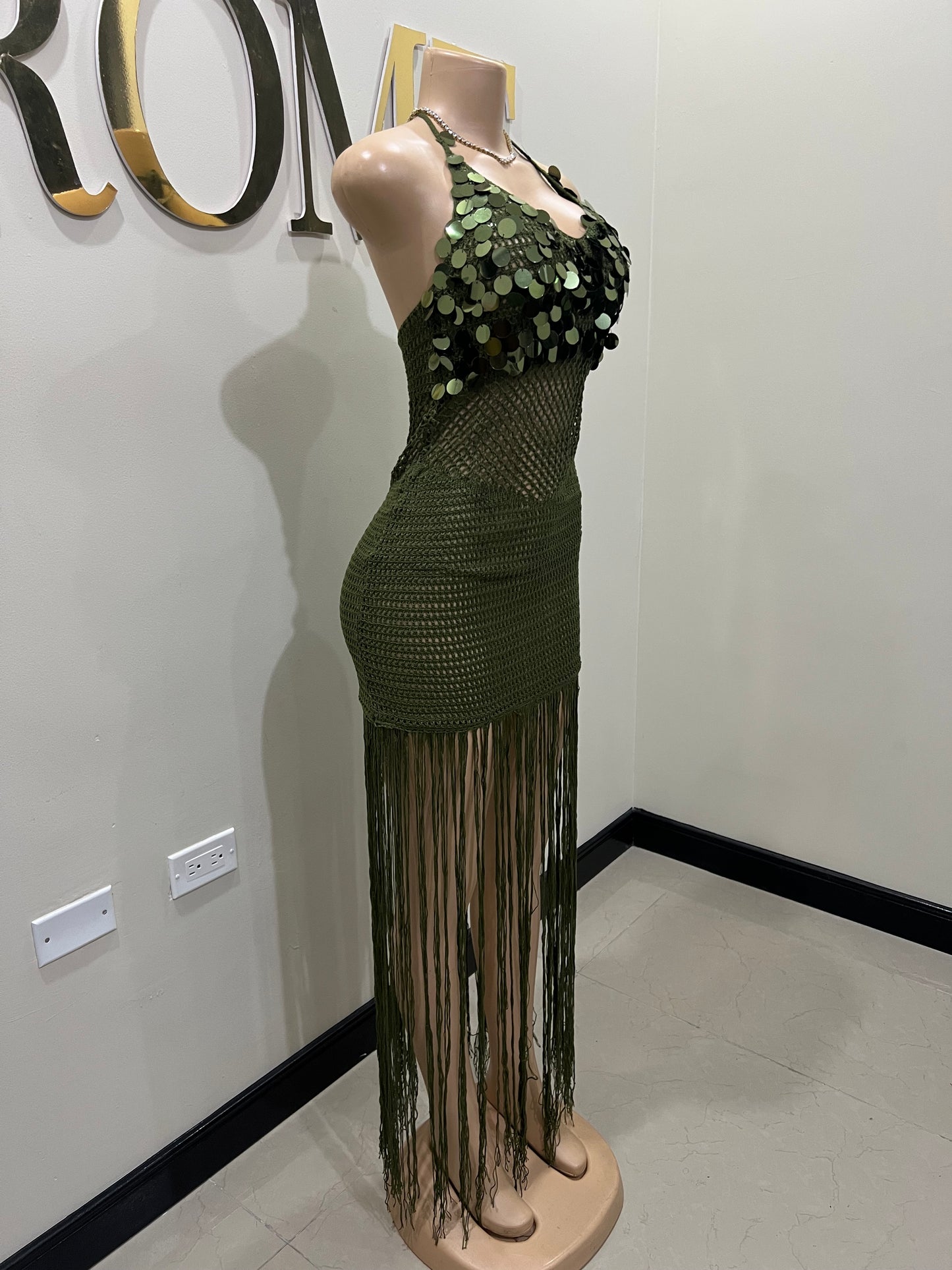 Destiny Sequin Crochet Fringe Dress (Green)