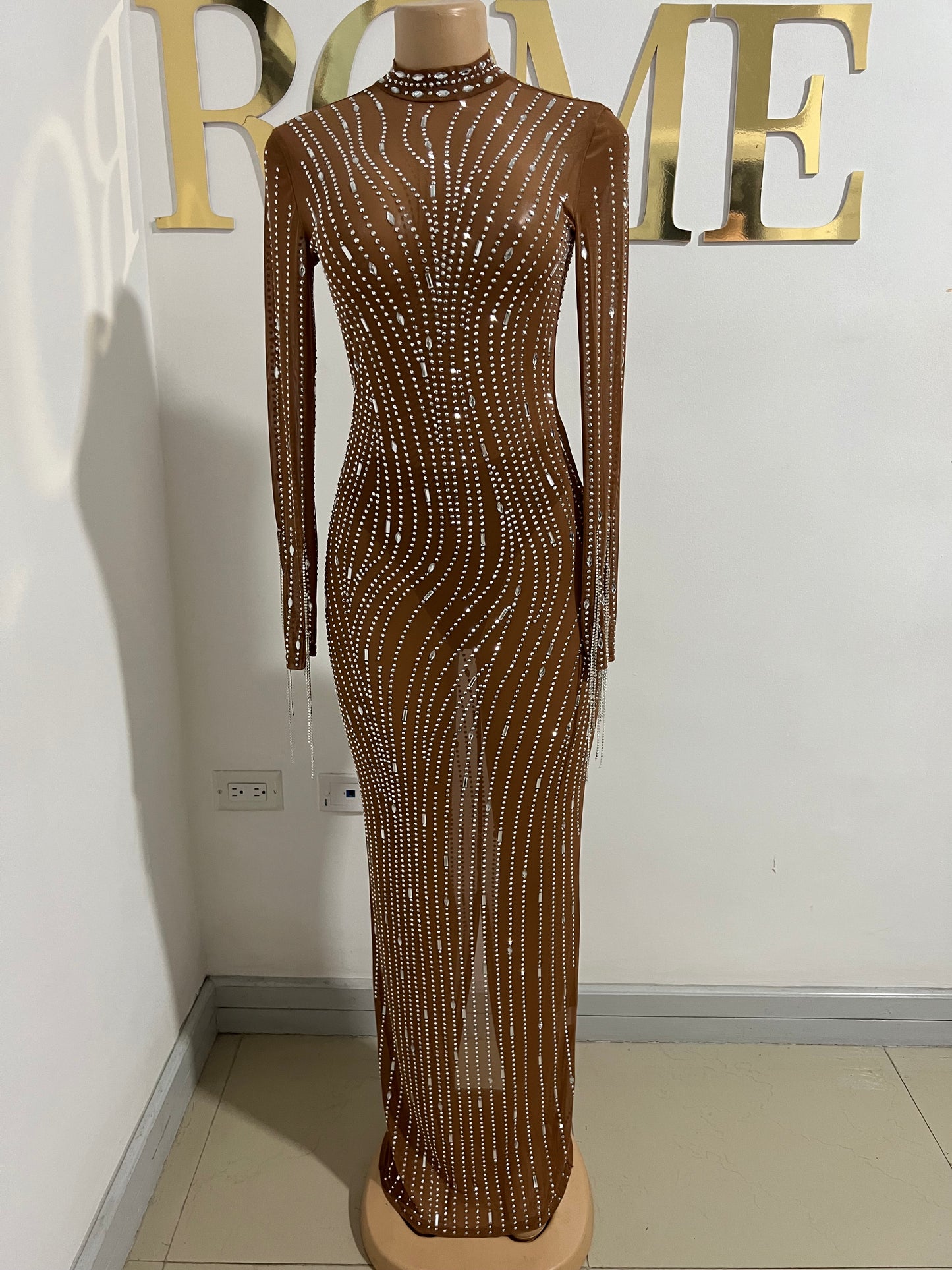 Ellie Swan Long Crystal Dress (Brown)