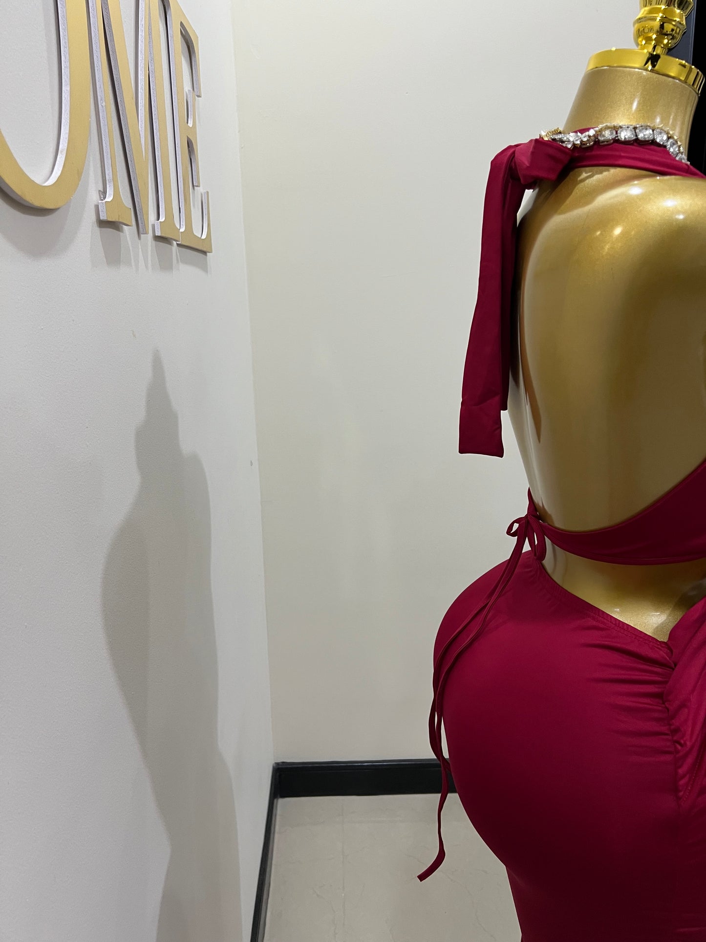 Snake Ming Deep V Dress (Burgundy)