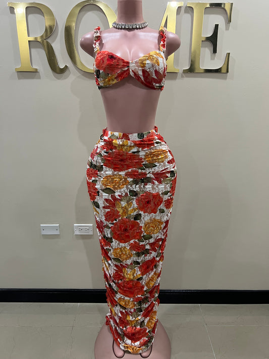 Summer Floral Skirt Set (Orange)