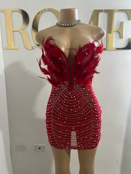 Elle Feather Crystal Dress (Darker Red)