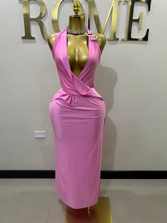 Snake Deep V Rouched Dress (Pink)