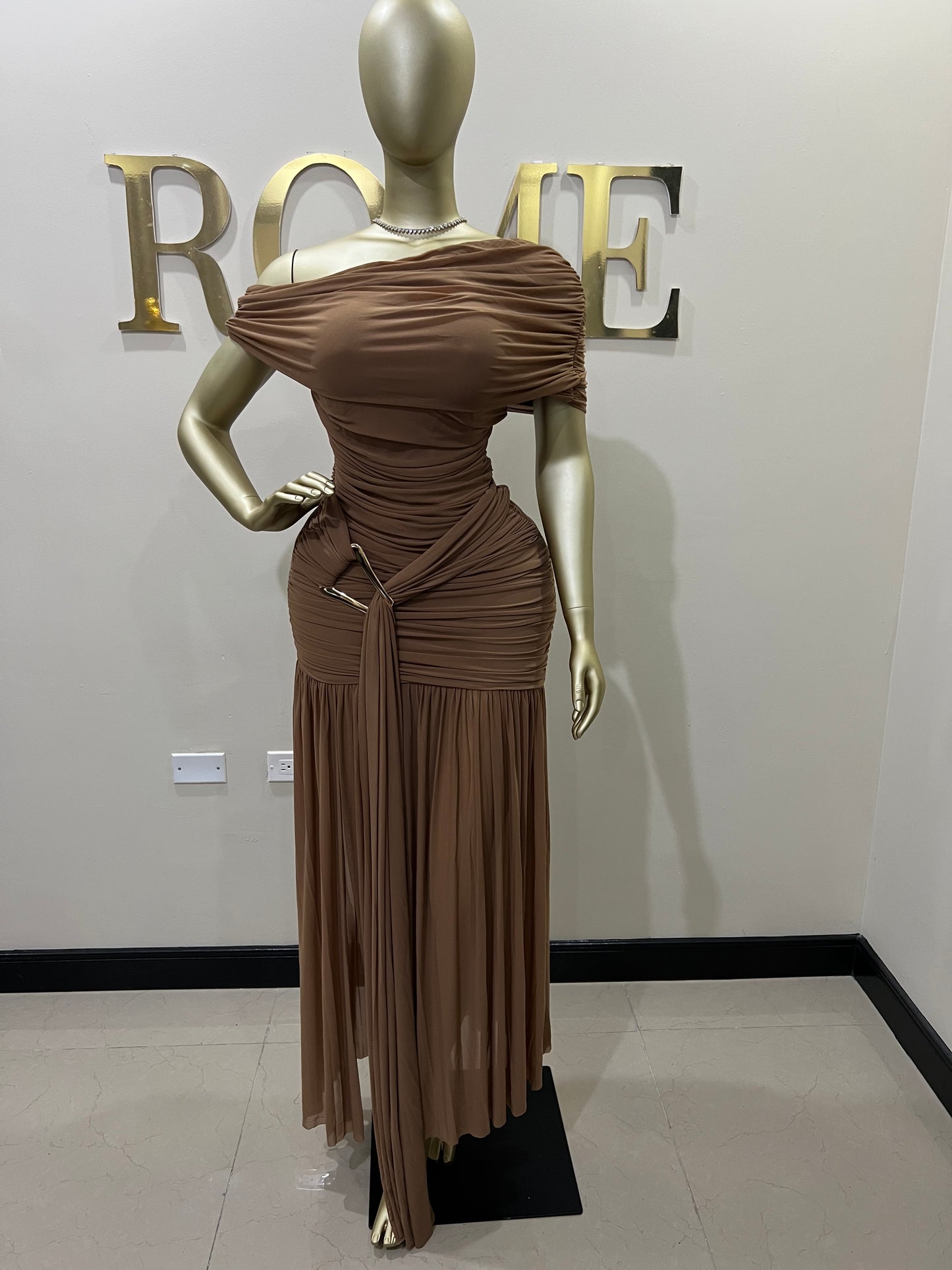 Nara Michelle Angle Mesh Split Dress (Brown)