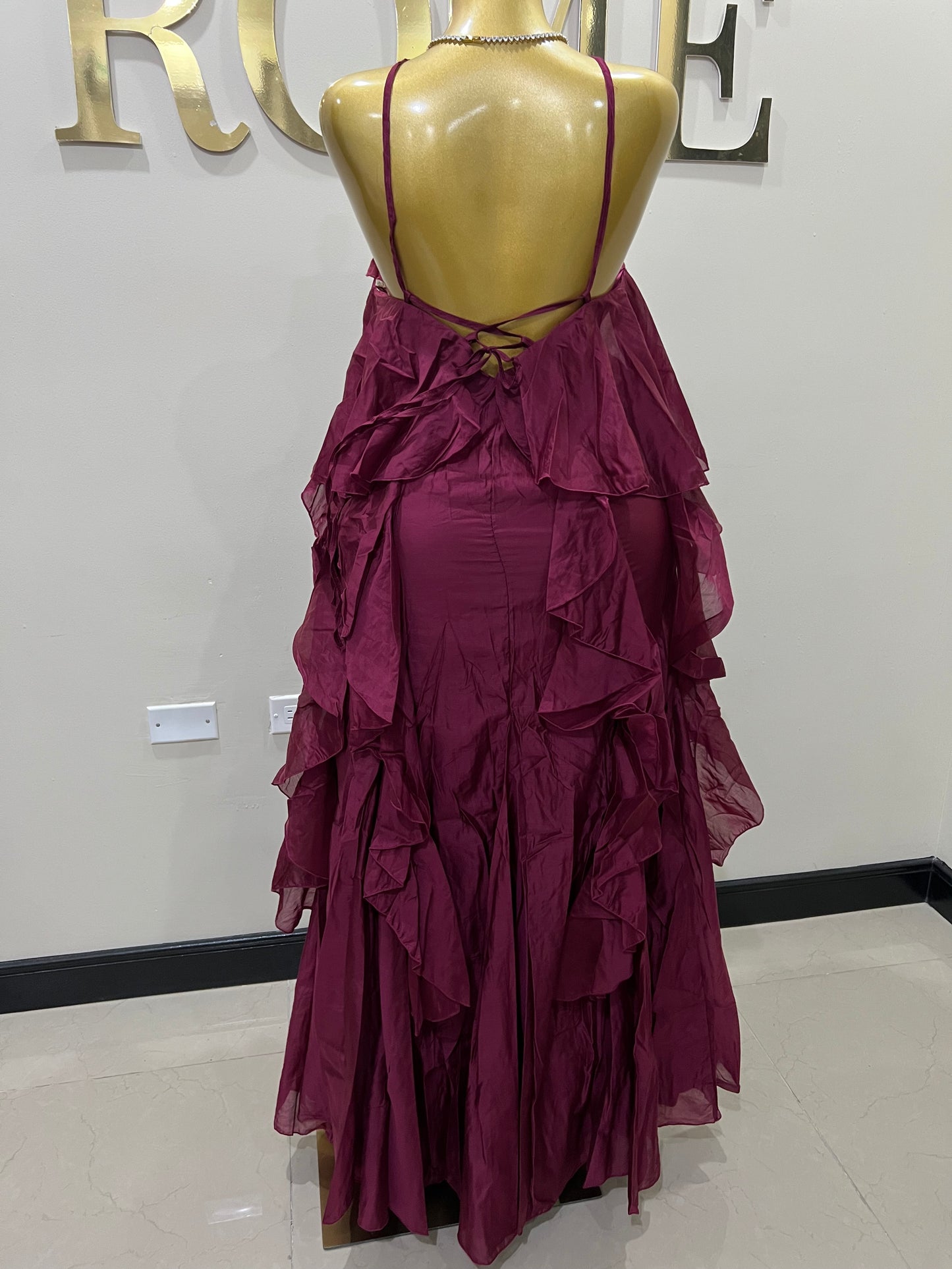 Rumi Chen Ruffle Long Dress (Burgundy)