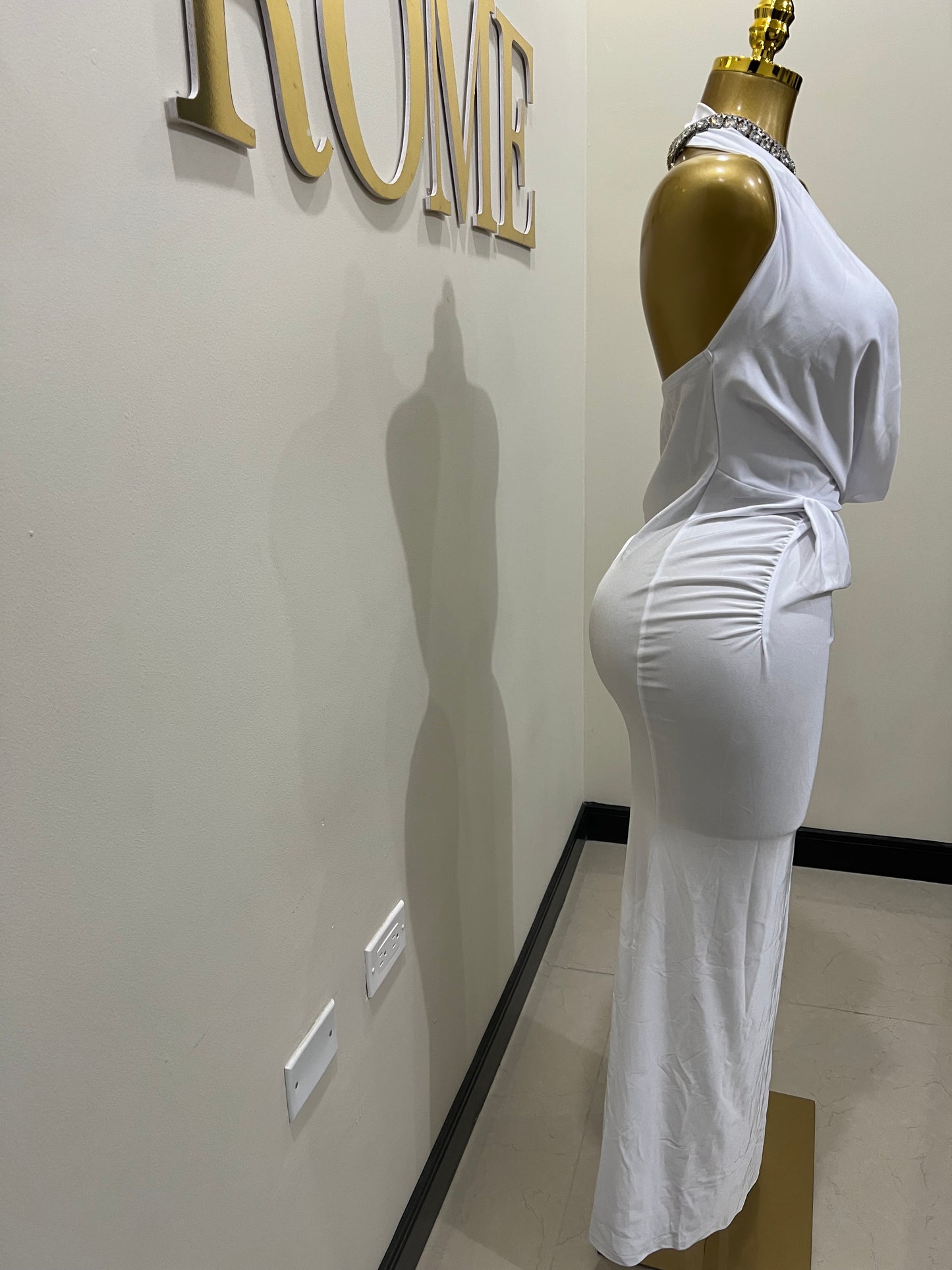 Snake Deep V Rouched Dress (White)