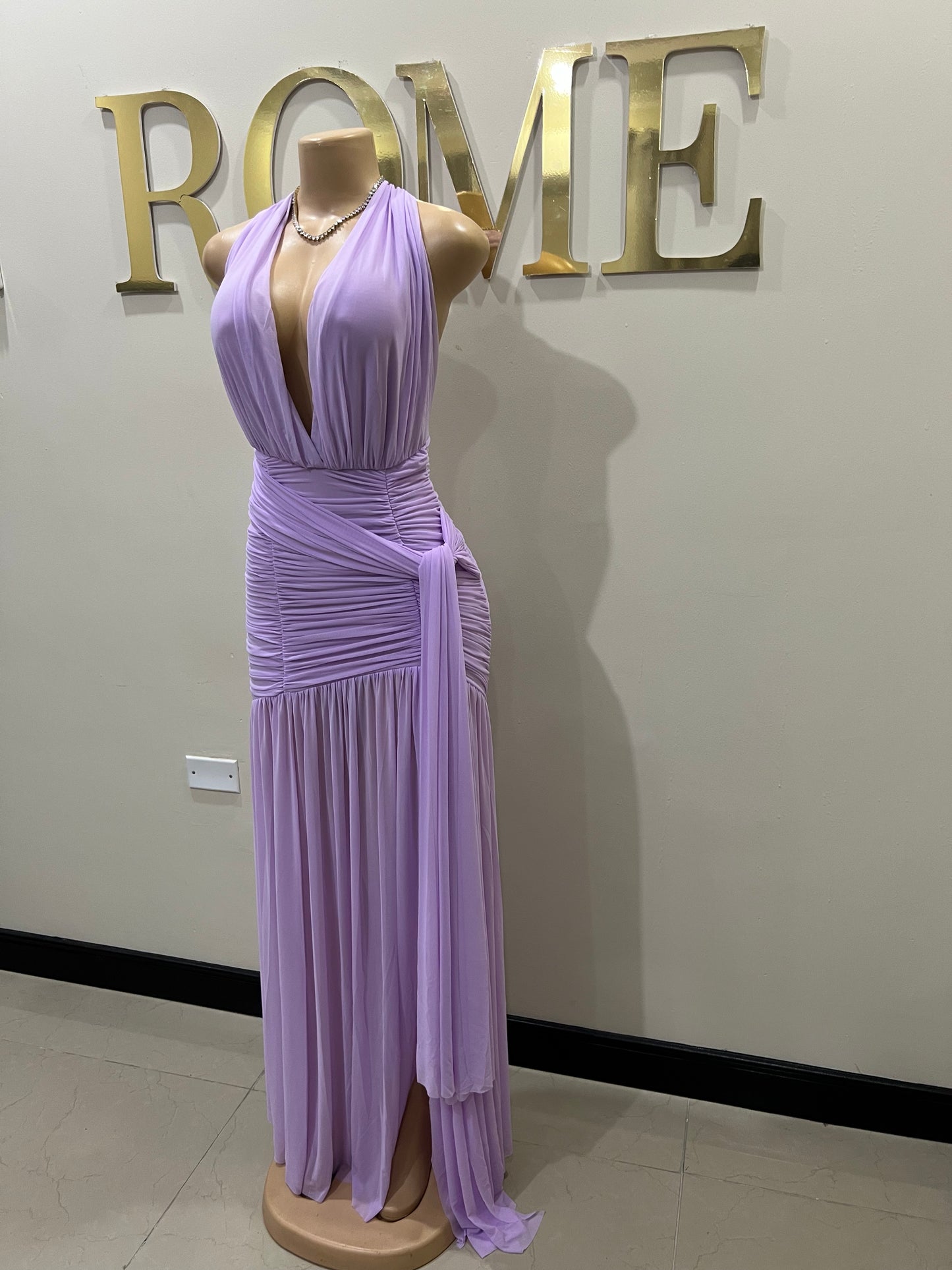 Michelle Grace Deep V Tie Split Dress (Lilac)