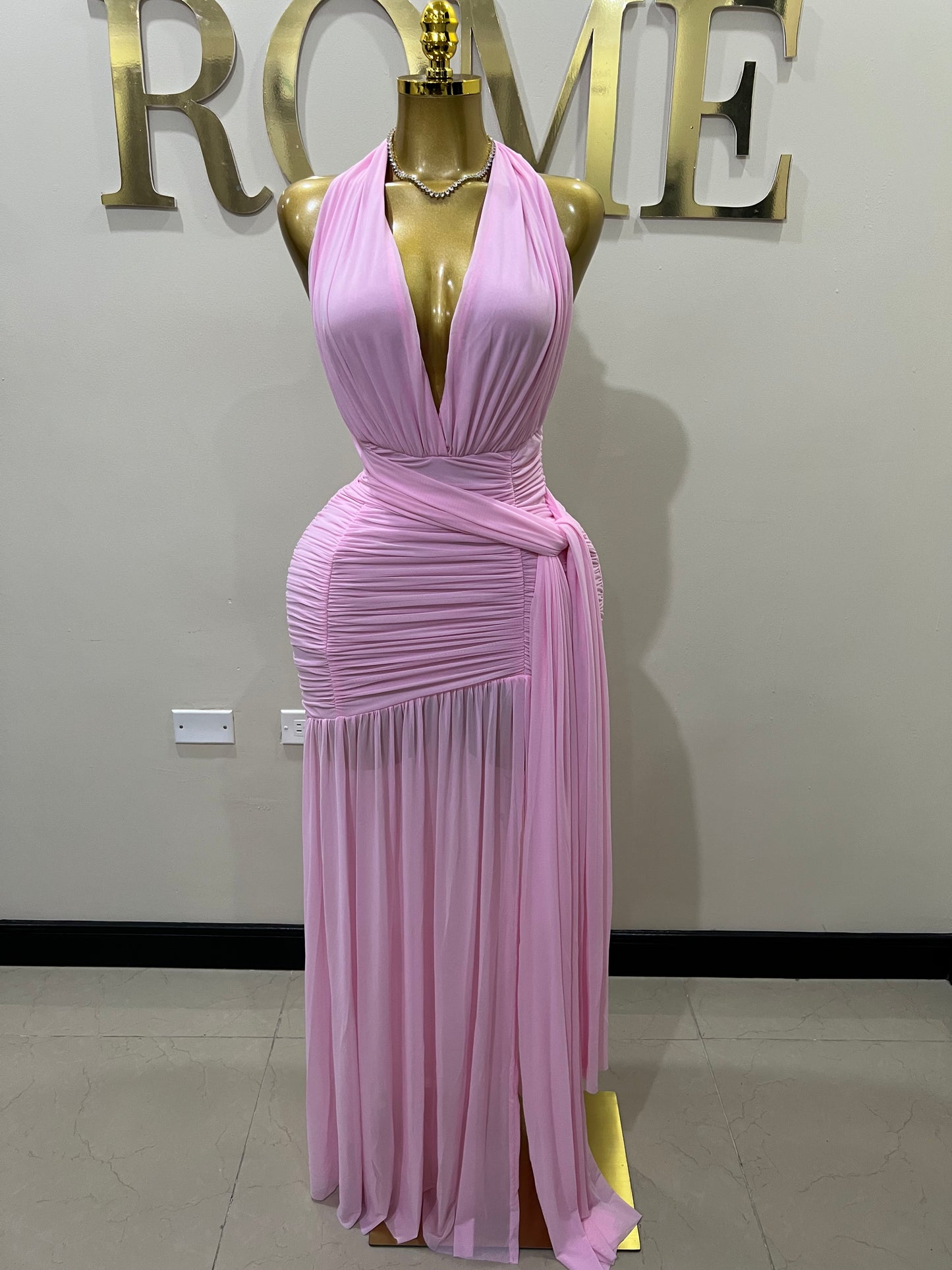 Michelle Grace Deep V Tie Split Dress (Pink)