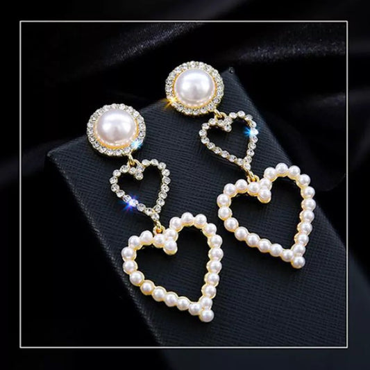 Pearl Heart Drop Earrings (Gold)