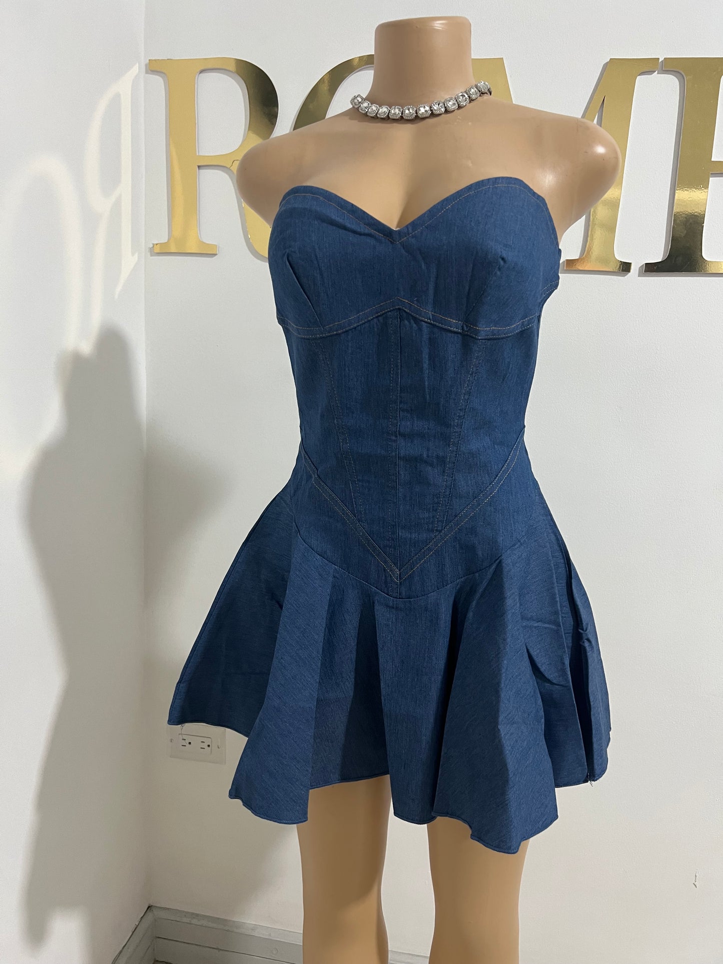 Denim Sweatheart Halter Dress (Blue)