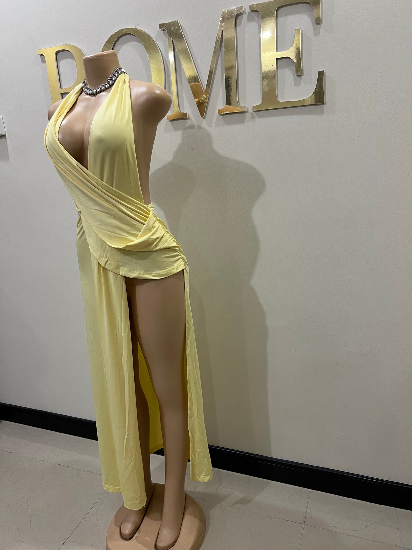 Deep V Rouched Dress (Yellow)