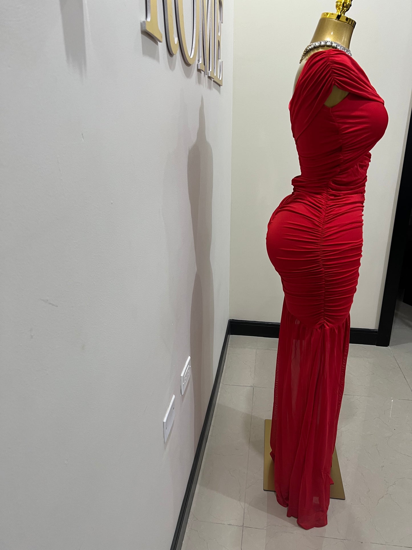 Nara Sophie Petal Off Shoulder Split Dress (Red)