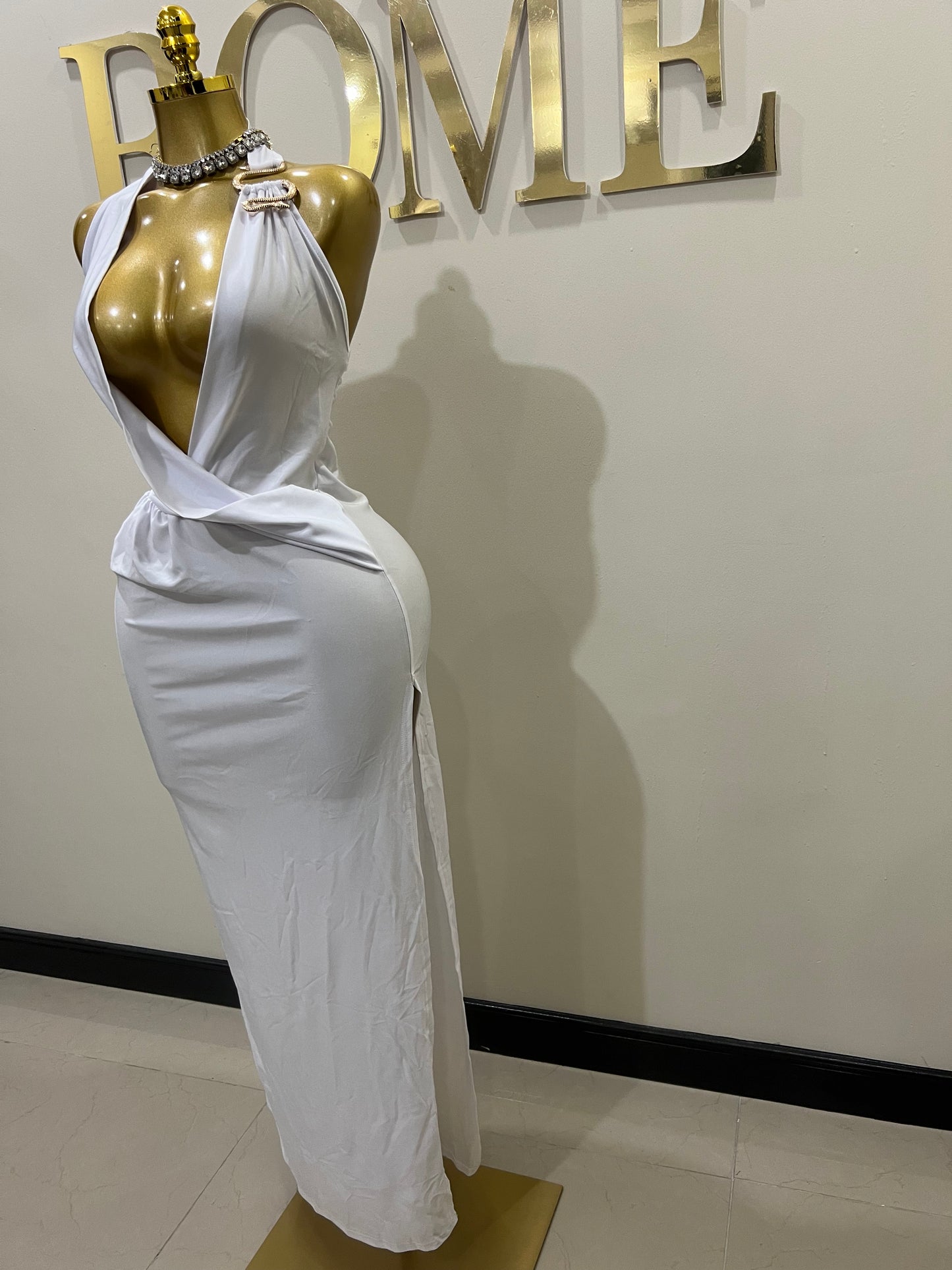 Snake Deep V Rouched Dress (White)