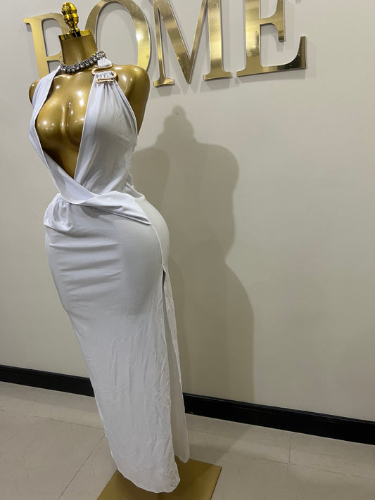 Snake Deep V Rouched Dress (White)