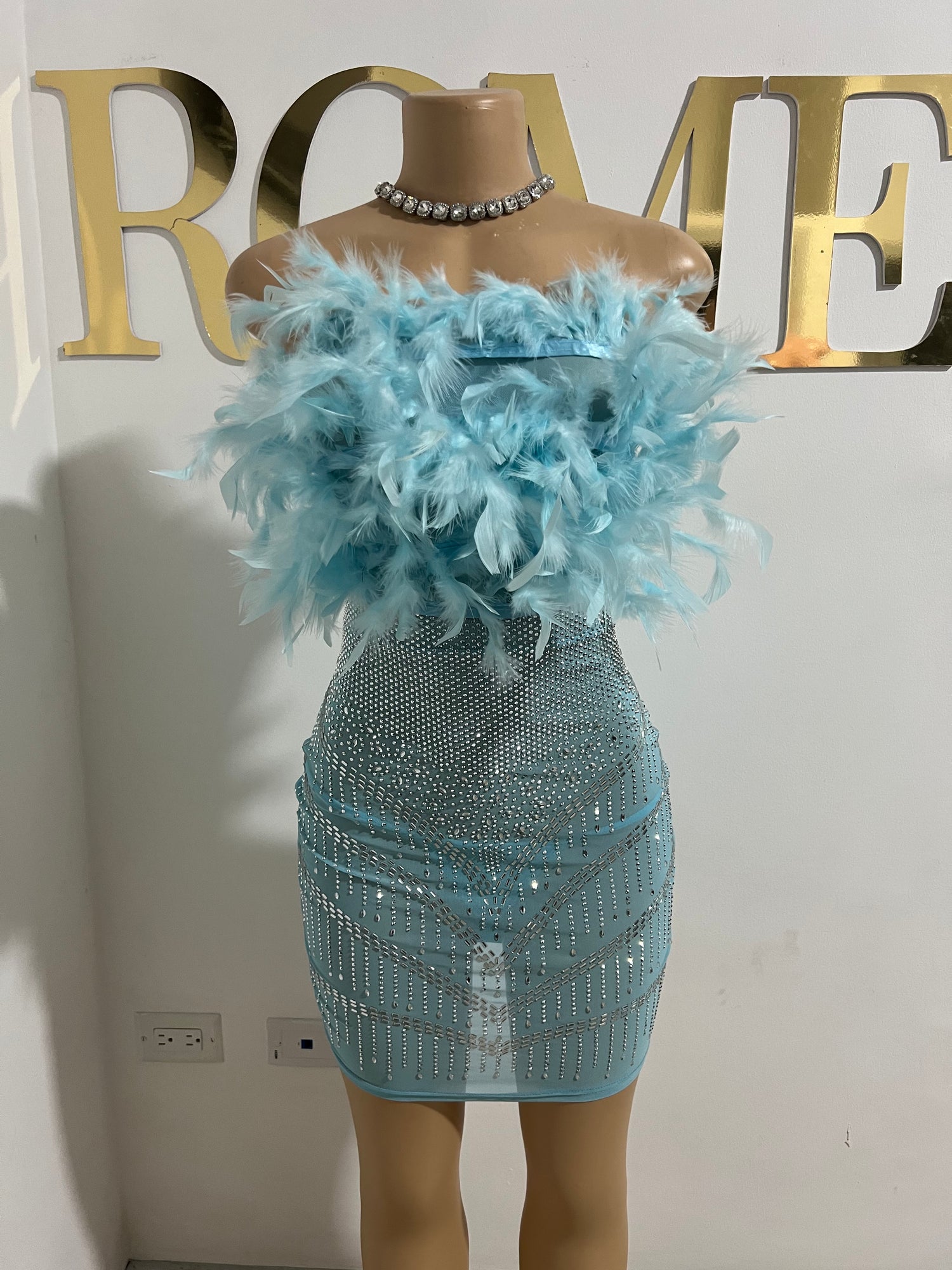 Krissy Crystal Feather Dress (Blue) Rome Fashion House Krissy Crystal Feather Dress (Blue) Rome Fashion House