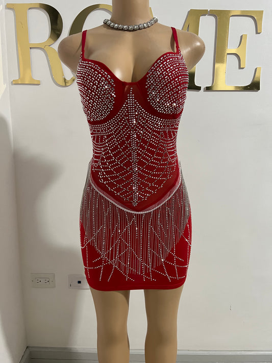 Gianna Fringe Crystal Dress (Red)