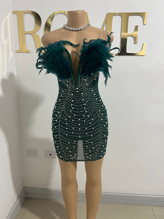 Elle Feather Crystal Dress (Green)