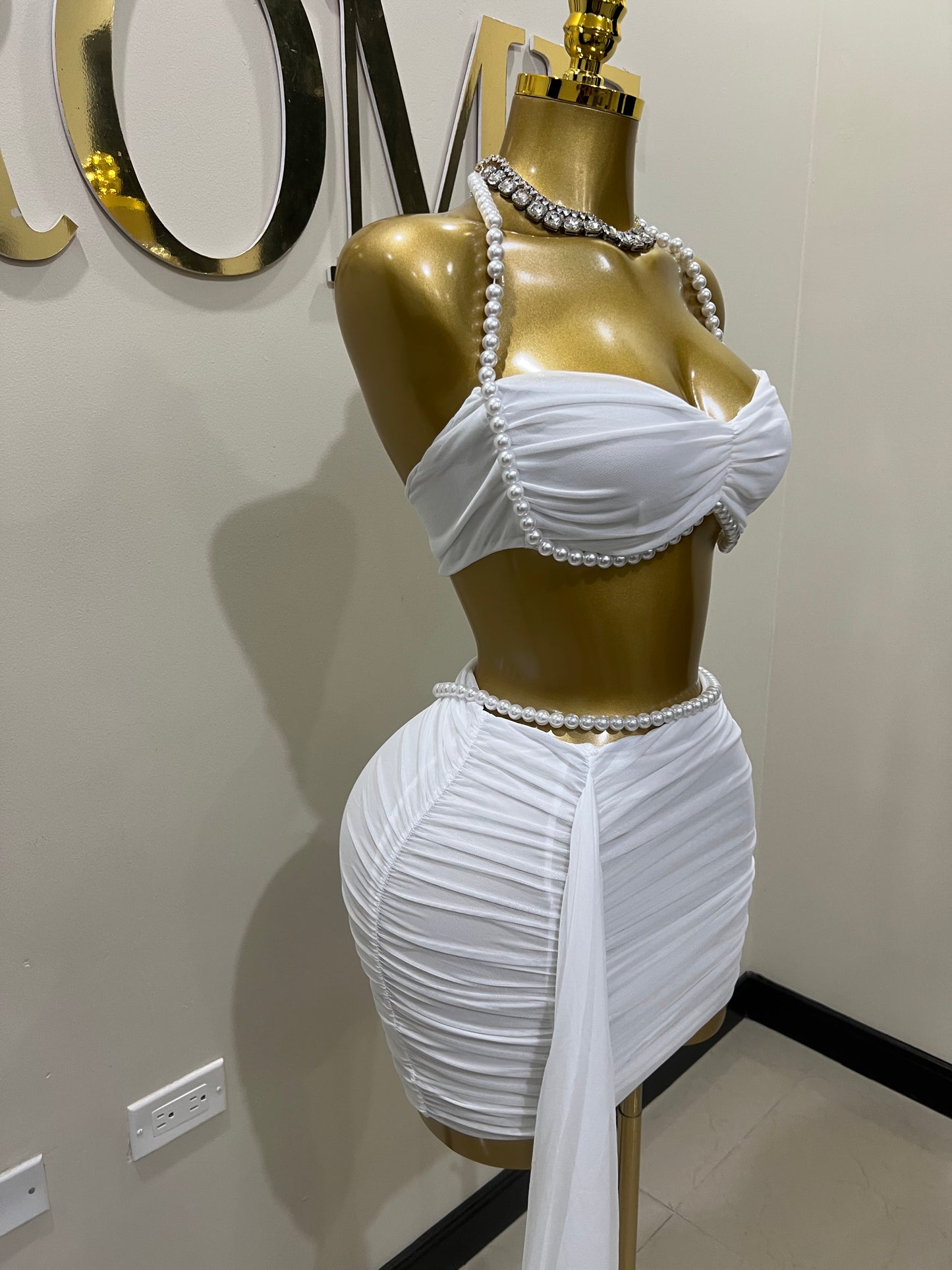Emma Pearl Mesh Mini Allegra Skirt Set (White)