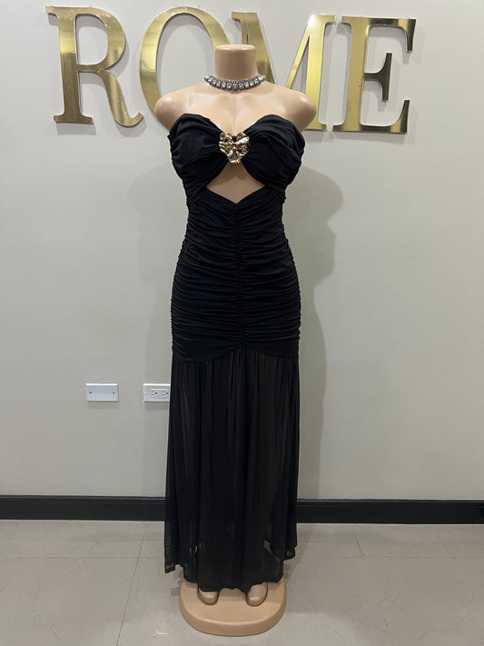 Nara Sophie Petal Off Shoulder Split Dress (Black)