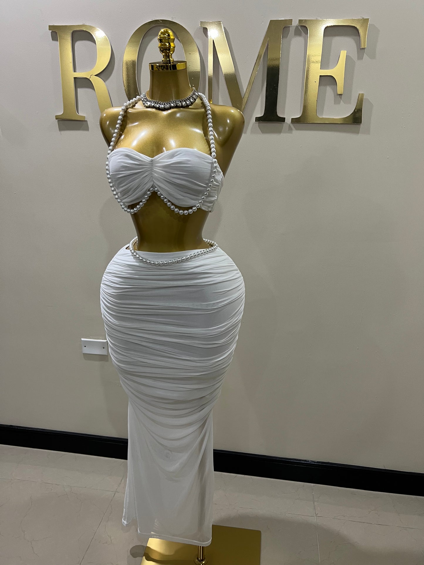 Emma Giselle Mesh Pearl Skirt Set (White)