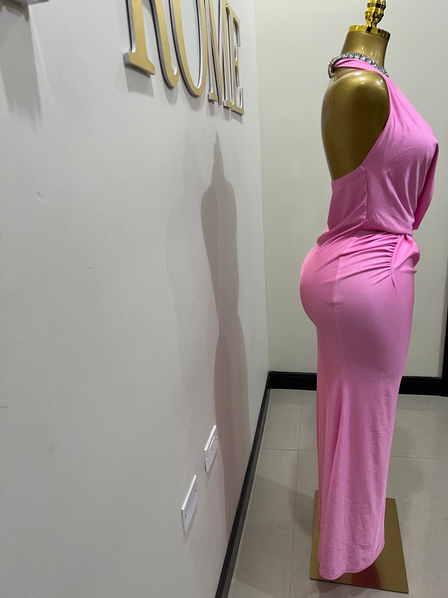 Snake Deep V Rouched Dress (Pink)