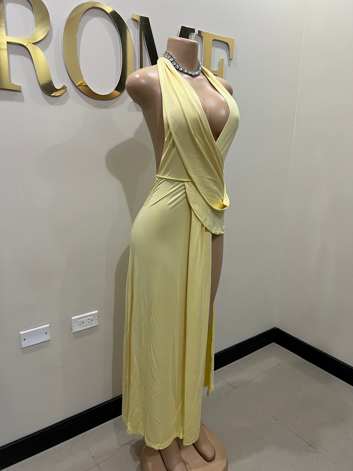 Deep V Rouched Dress (Yellow)