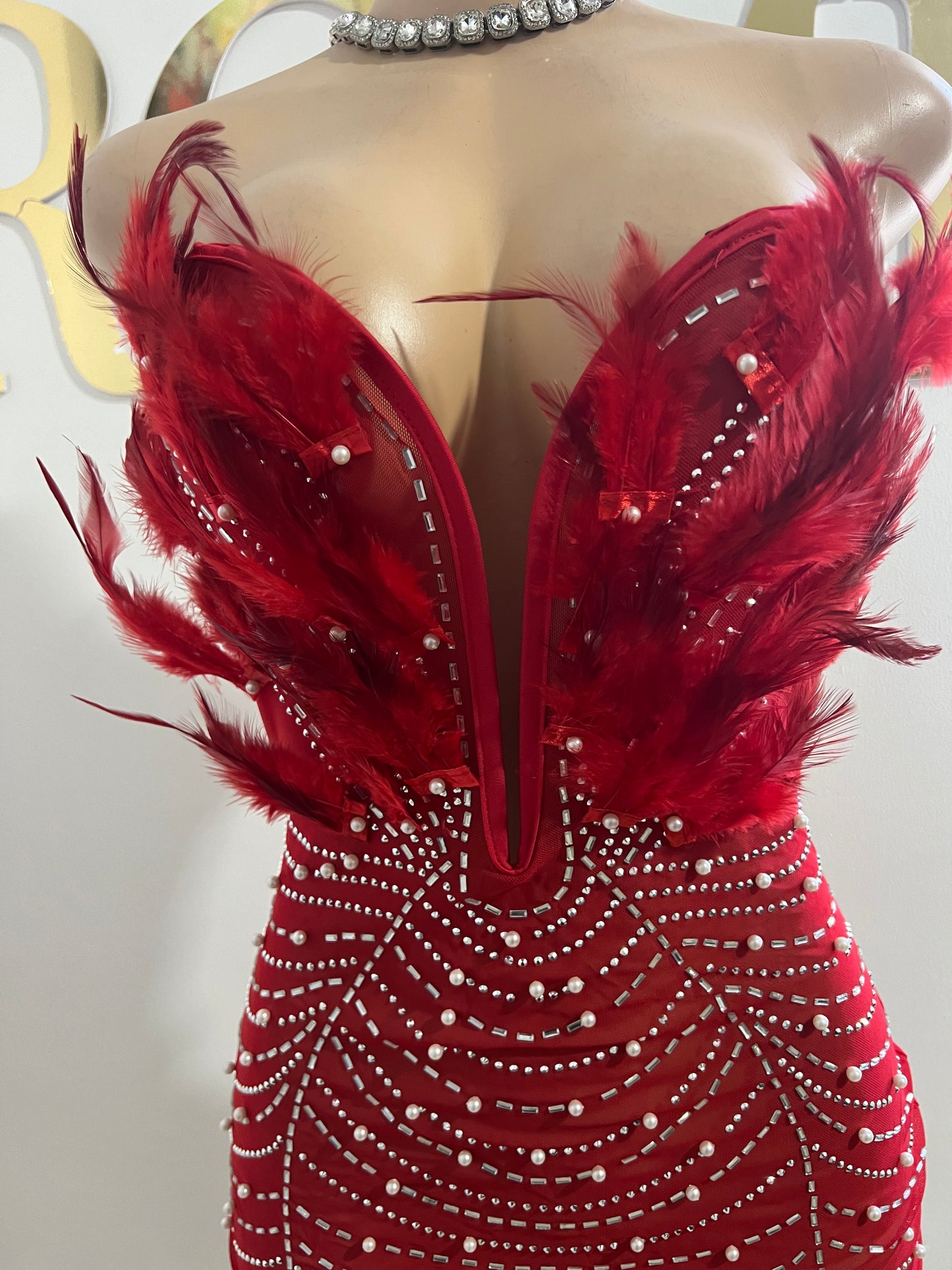 Elle Feather Crystal Dress (Darker Red)