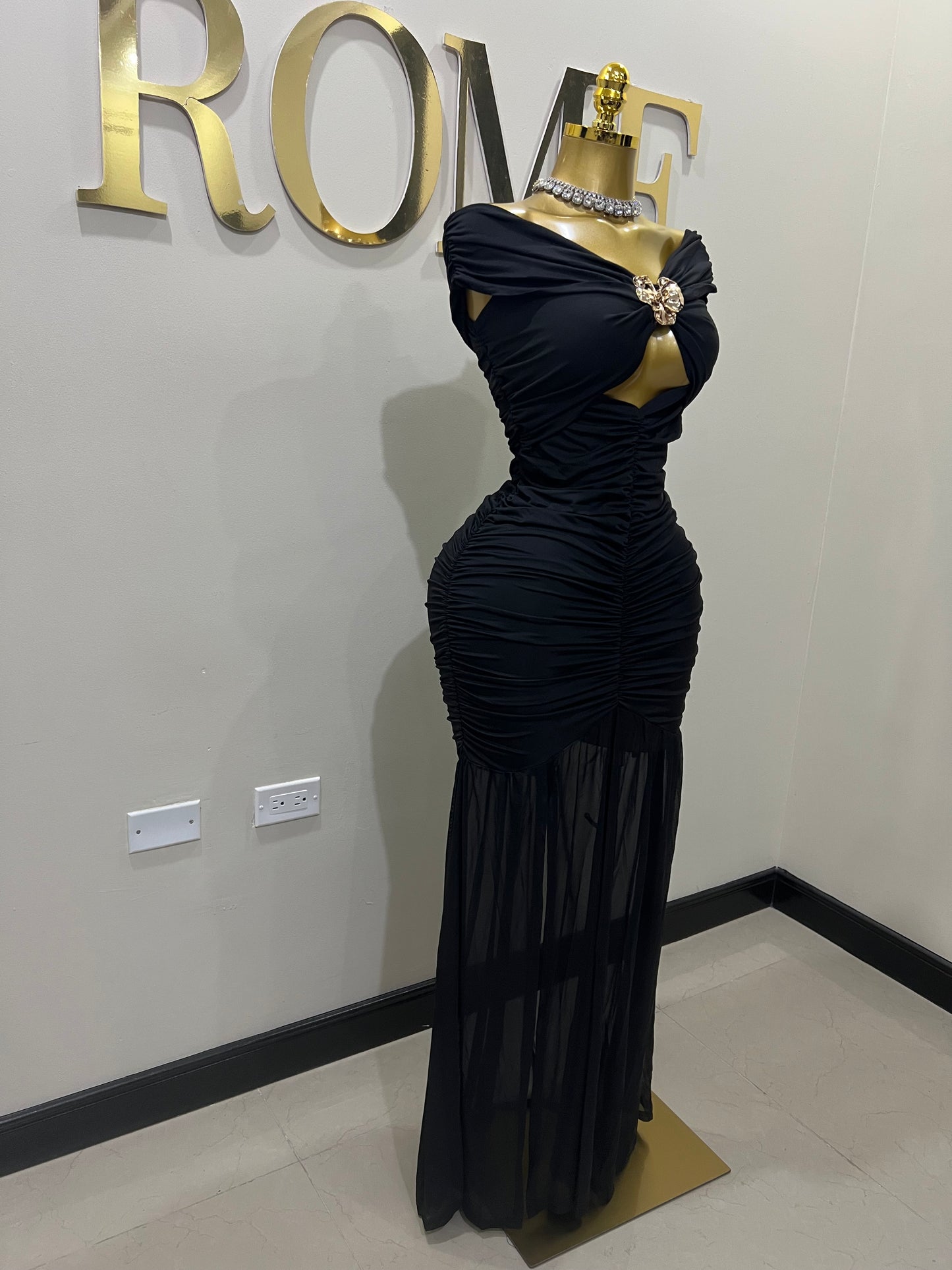 Nara Sophie Petal Off Shoulder Split Dress (Black)