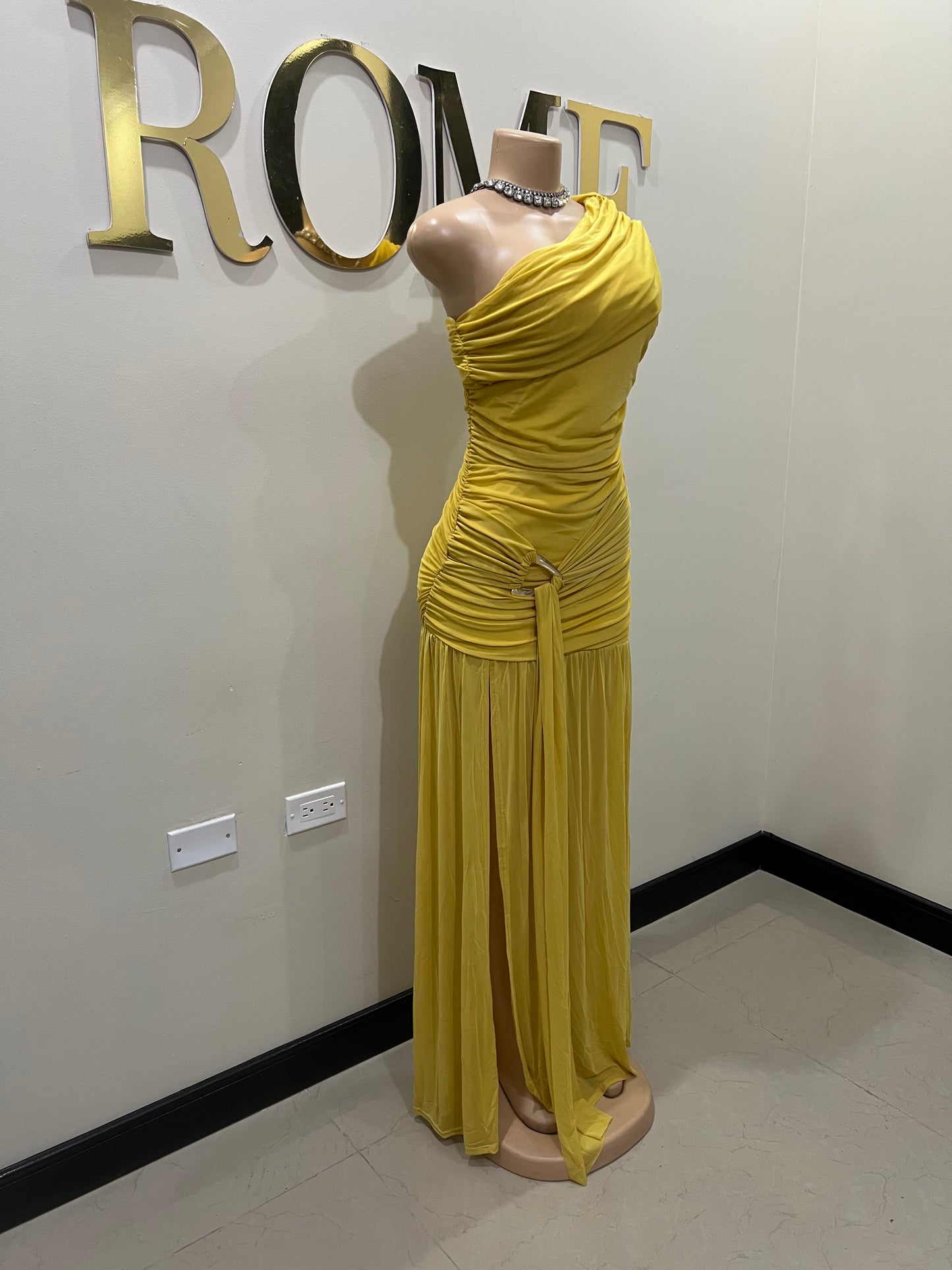 Nara Michelle Angle Mesh Split Dress (Yellow)