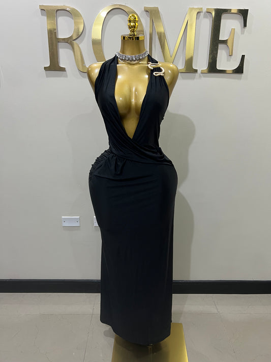 Snake Deep V Rouched Dress (Black)