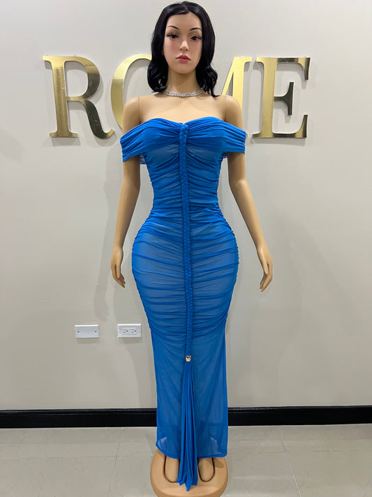 Sophie Off Shoulder Braided Dress (Blue)