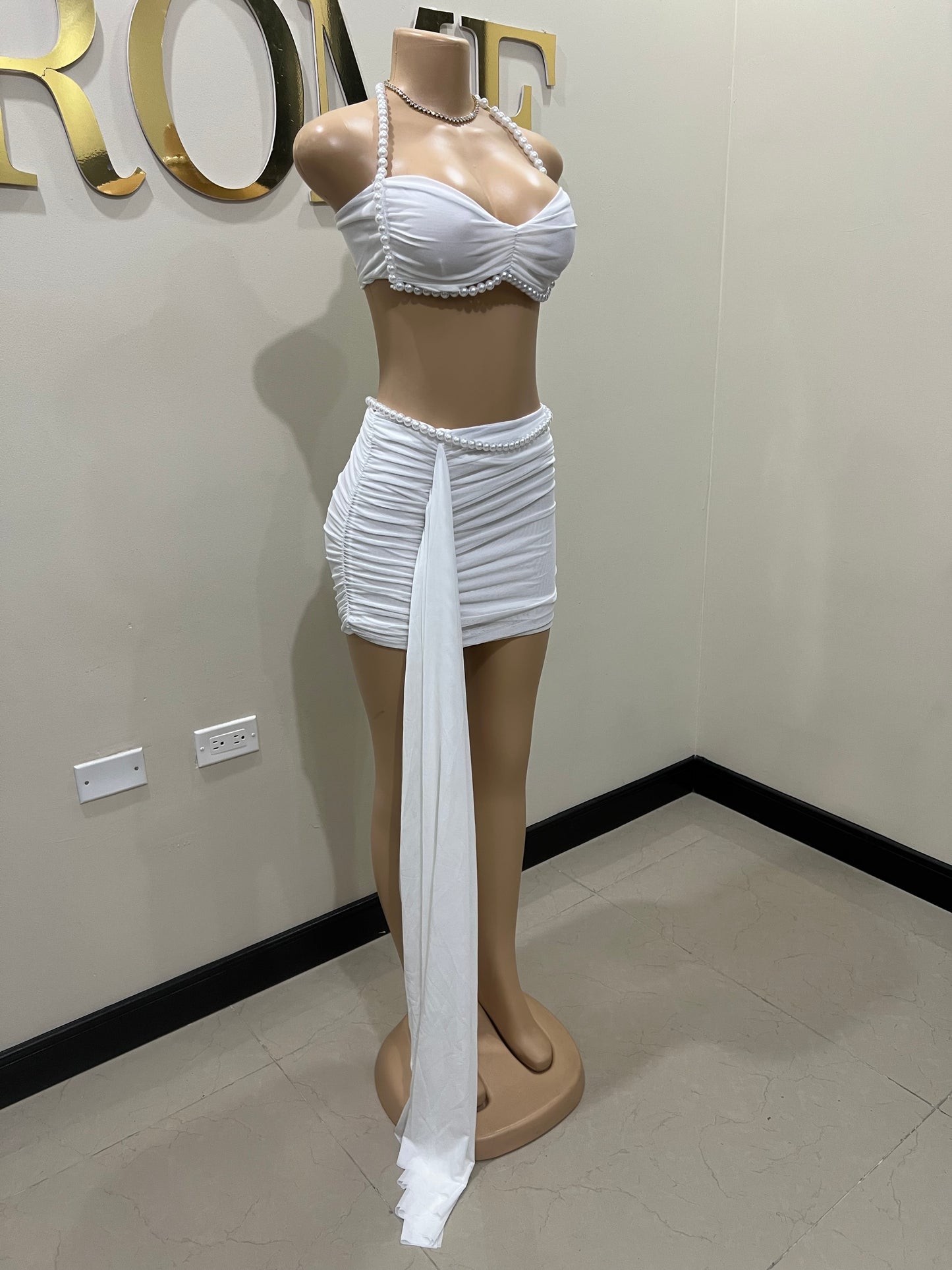 Emma Pearl Mesh Mini Allegra Skirt Set (White)